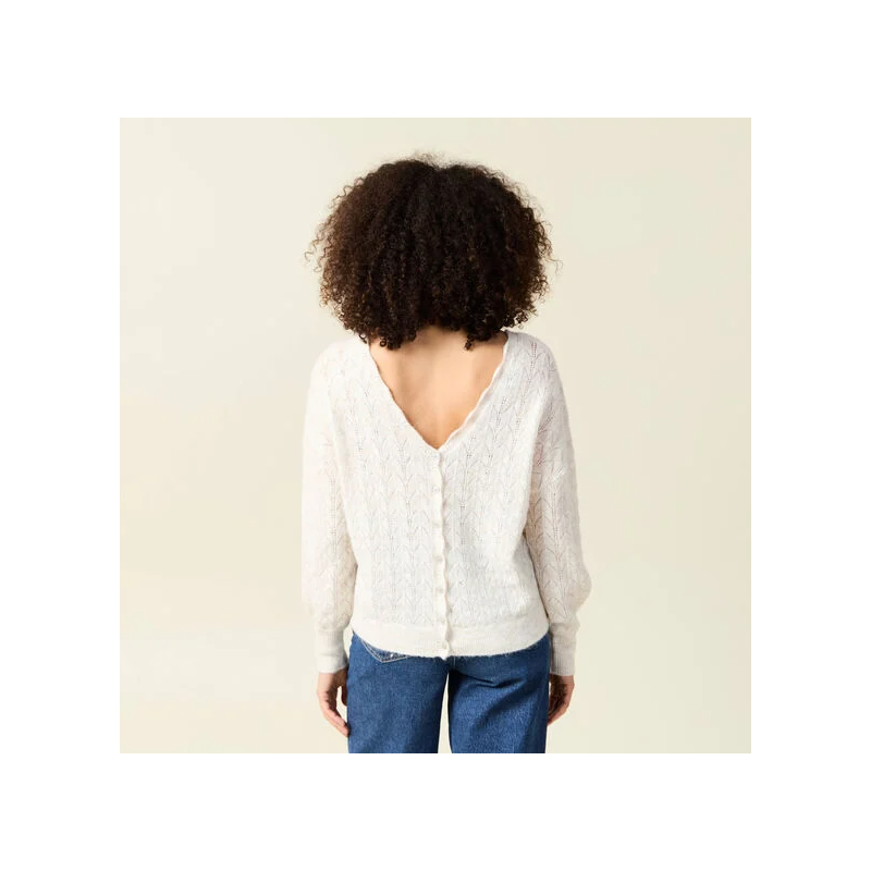 Gilet ajouré col V manches longues ecru femme
